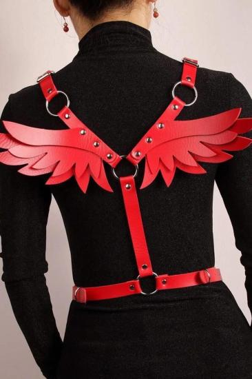 Kırmızı Sırtı Kelebek Motifli Deri Harness İç Giyim 700893