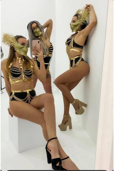 Gold Üstüne Gold Zincirden Hazırlanmış Maske Hariç Deri Sexi Kostüm 700633