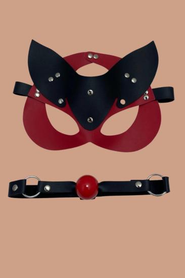 Siyah/Kırmızı Maske Ve Ağız Topu Tasma Deri Sexi Set 800261