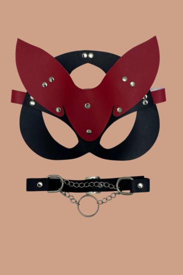 Kırmızı/Siyah Maske Ve Çivili  Zincirli Tasma Deri Set 800255
