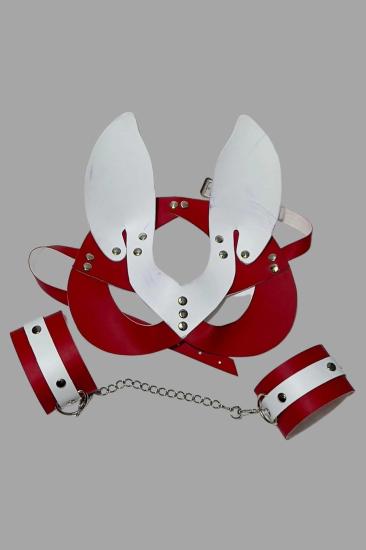 Kırmızı/Beyaz Tavşan Kulaklı Deri Sexi Maske Ve Kelepce 800490
