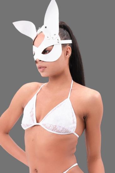 Beyaz Deri Tavşan Kulaklı Maske Ve Sütyen Set 800621