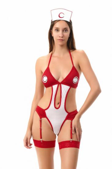 Kadın Sexi Kırmızı Beyaz Önü Açık Şık Kadın Jartiyerli Hemşire Kıyafeti 52031