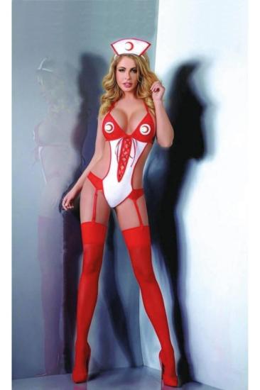 Kırmızı Beyaz Jartiyer Çoraplı Hemşire Fantezi Kostüm  51097